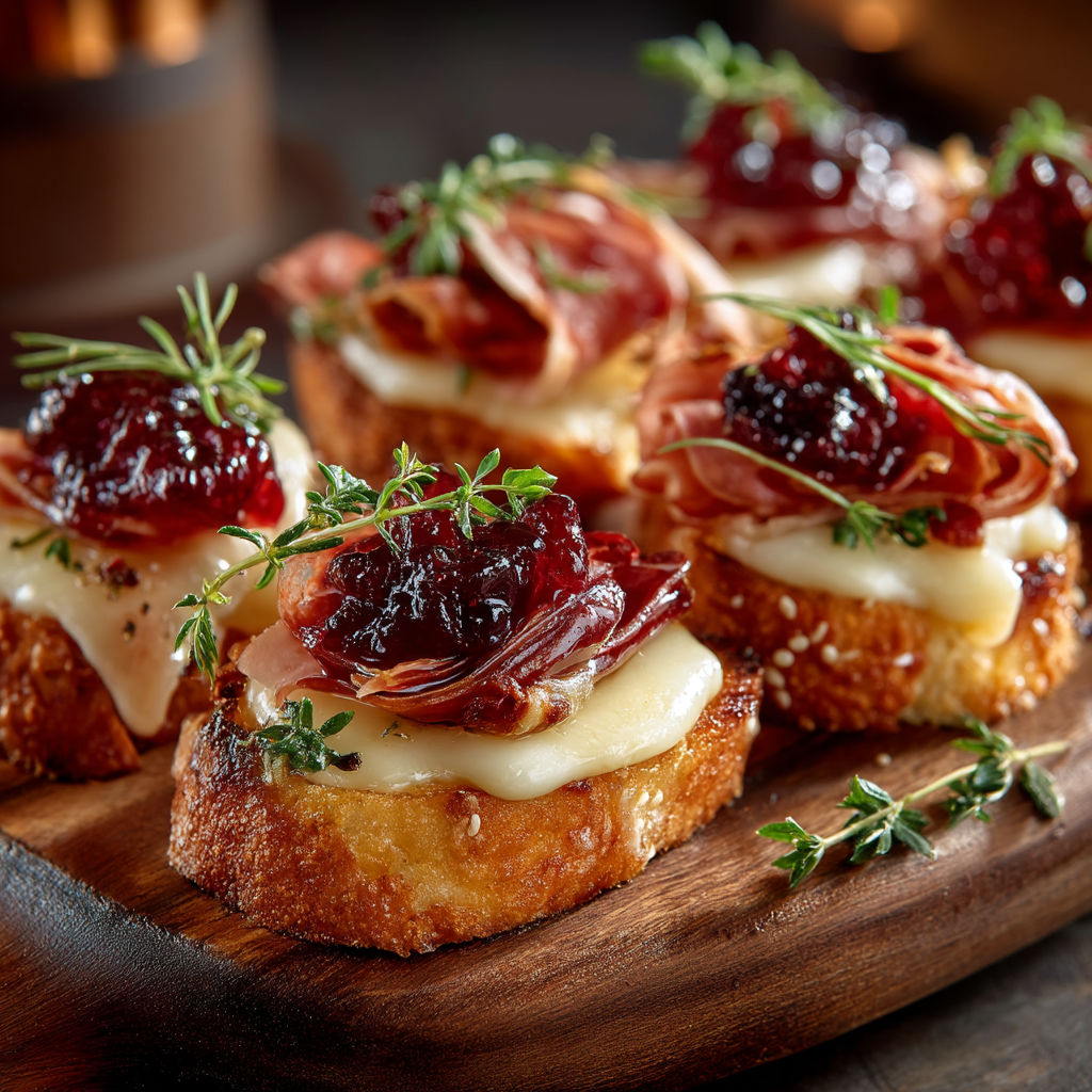 Crostini with cheese, jam and ham.
