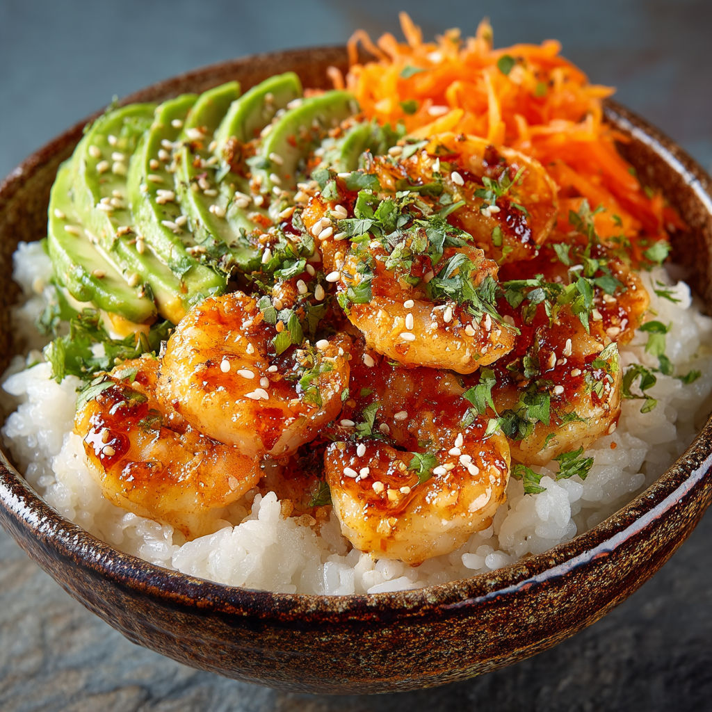 A bowl of food with shrimp, rice, and carrots.
