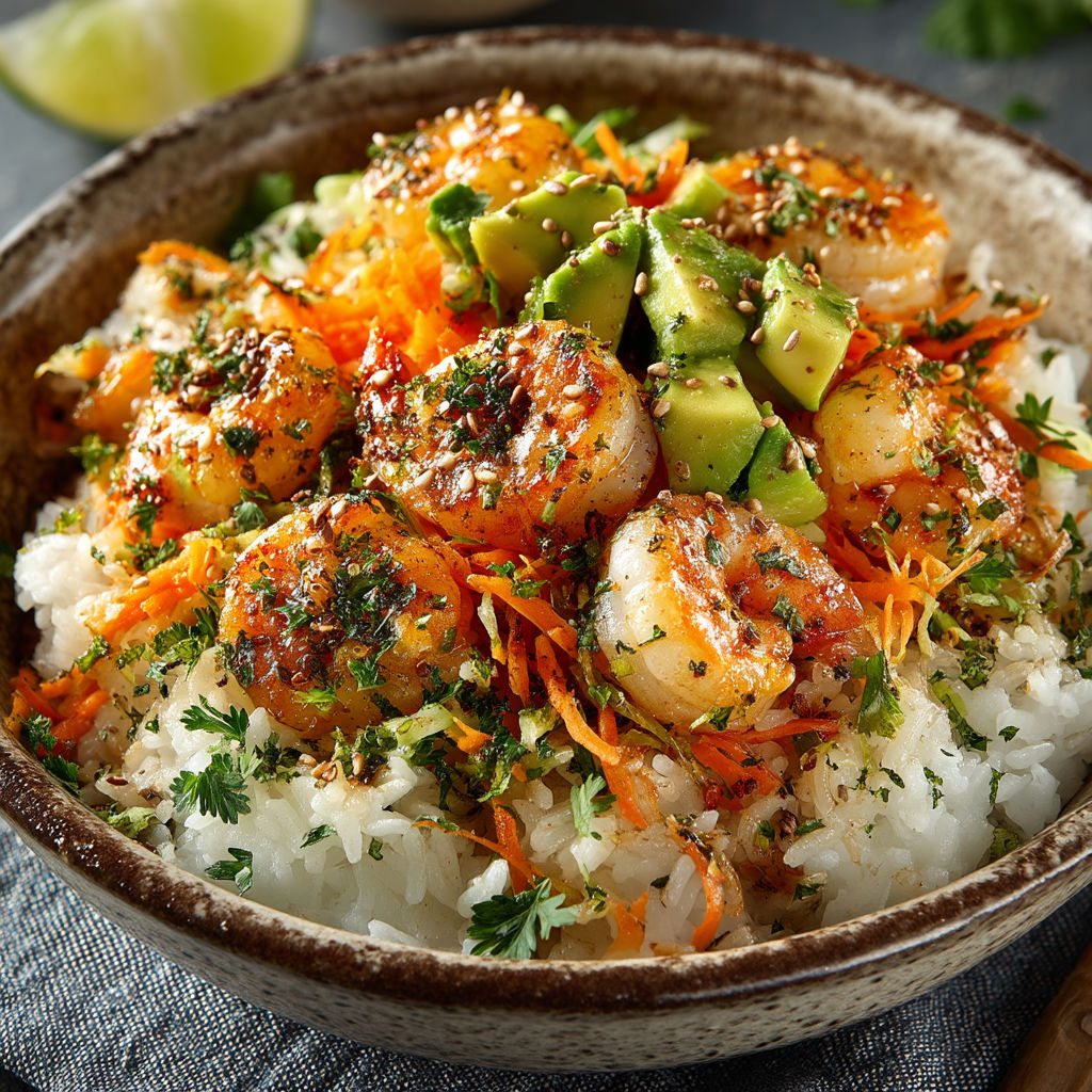 A bowl of shrimp and vegetables.