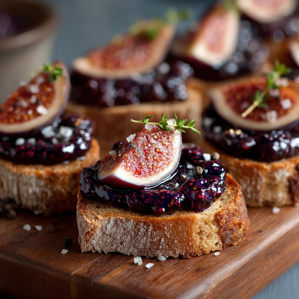 A plate of food with a blueberry compote on toast.