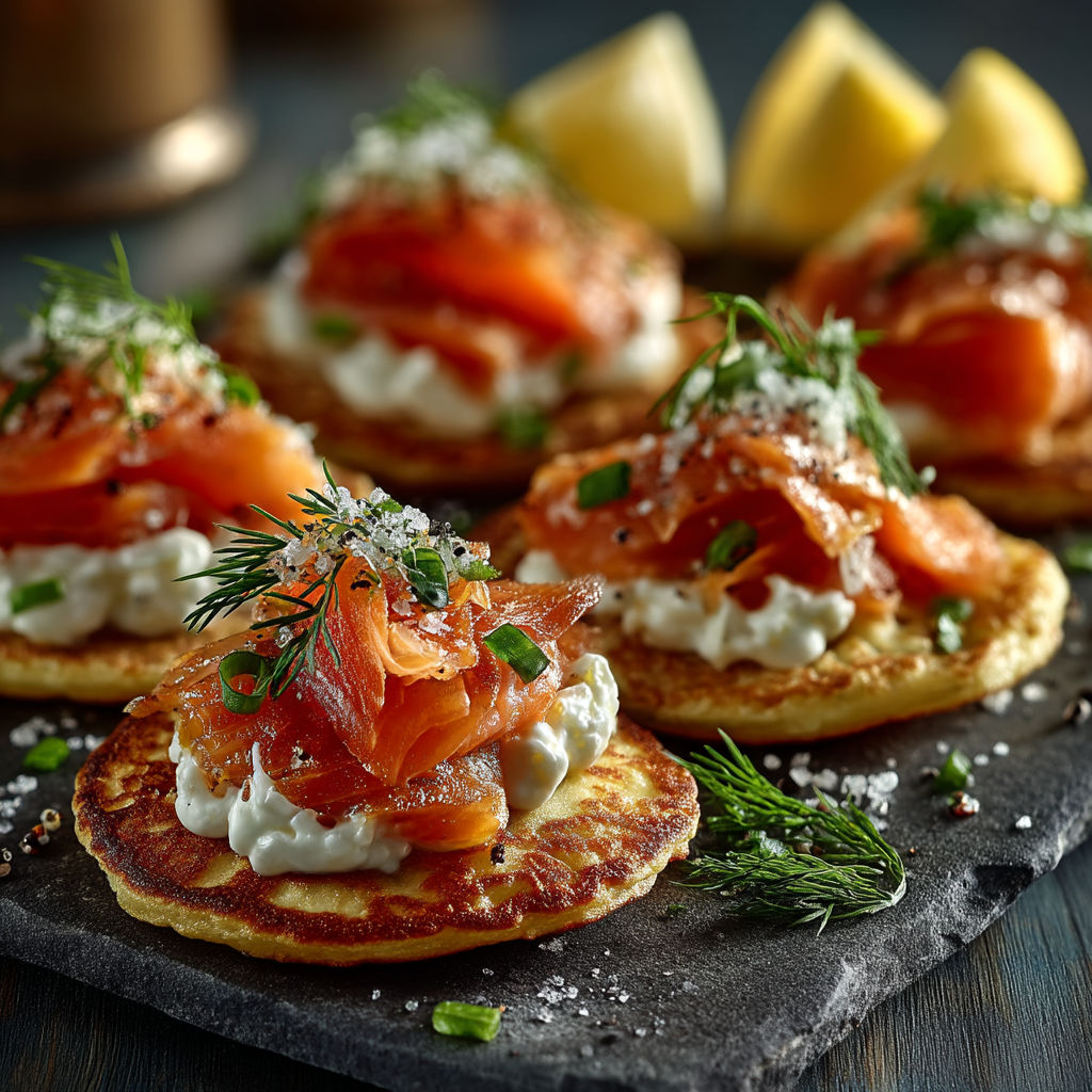 Three blinis with salmon and lemon on top.