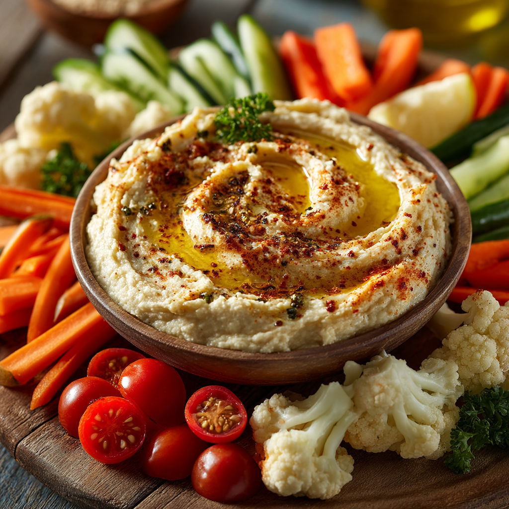 A bowl of hummus with vegetables.