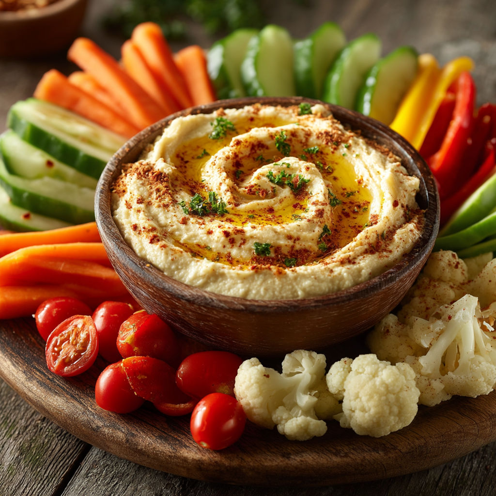 A bowl of hummus with vegetables.