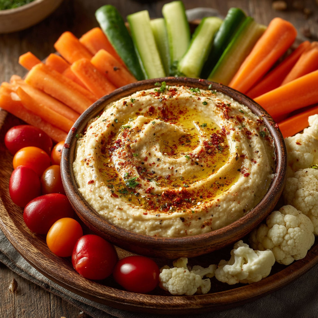 A wooden tray with a variety of vegetables and a bowl of hummus.
