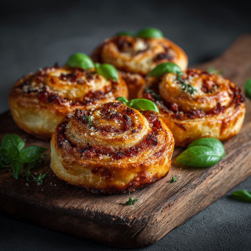 A wooden cutting board with four pastries on it.