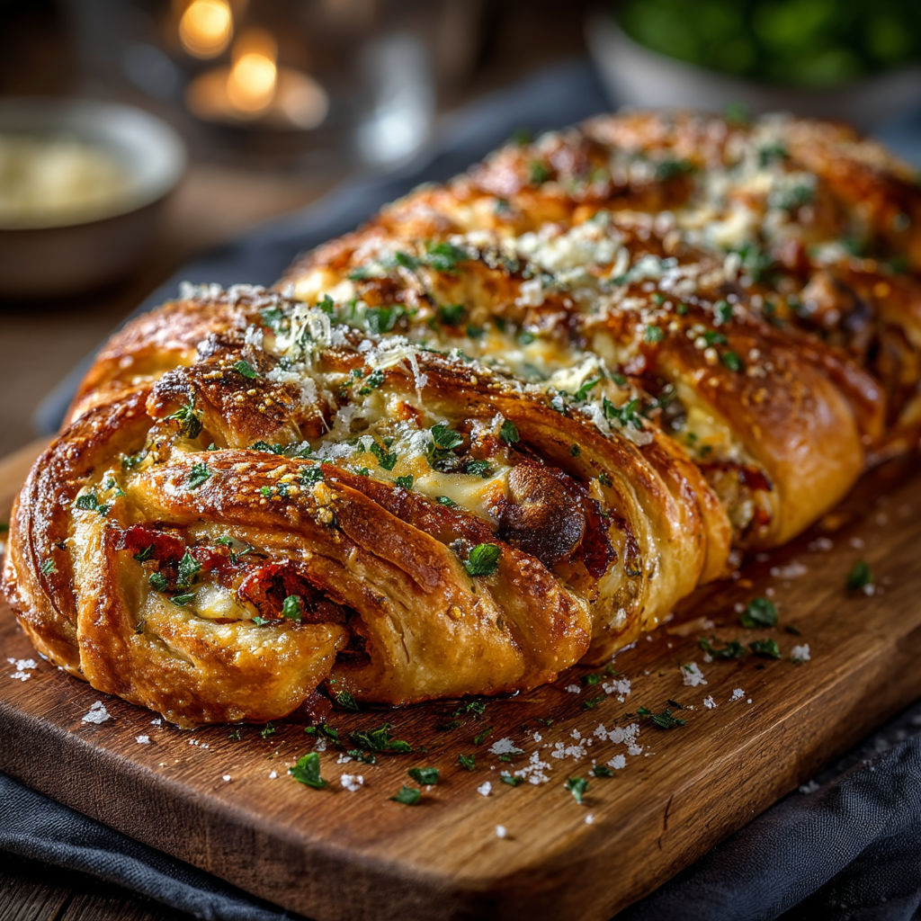 A large, long, and twisted bread roll with cheese and herbs on top.
