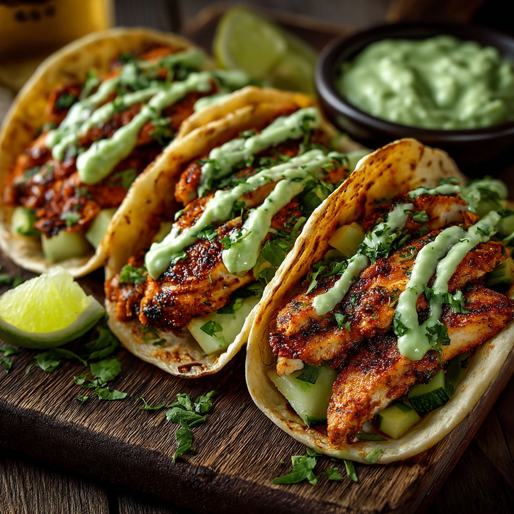 Tacos with chicken and avocado sauce.