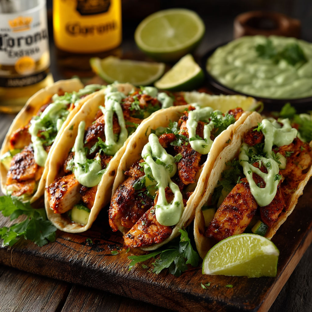 A plate of food with chicken, lime, and guacamole.