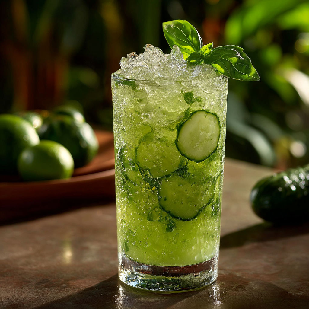 A glass of green cucumber juice with a slice of cucumber on top.