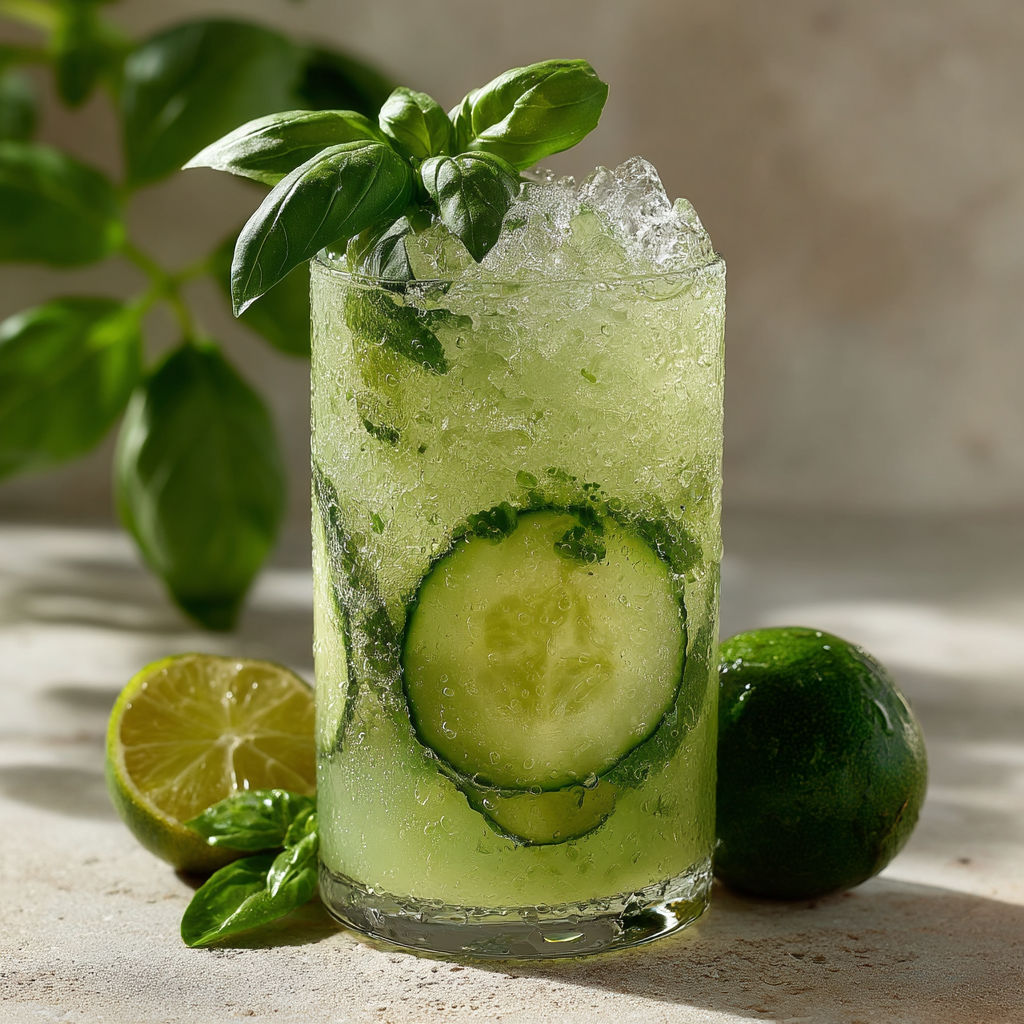 A glass of green tea with a slice of cucumber in it.