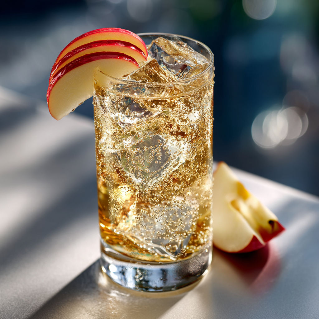 A glass of vodka ginger ale with a slice of apple on the side.