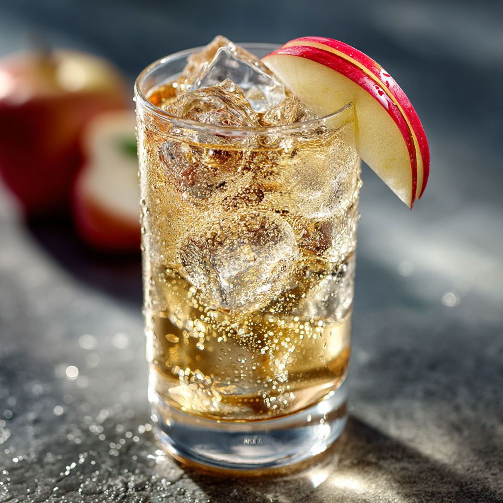 A glass of ice tea with a slice of apple on top.
