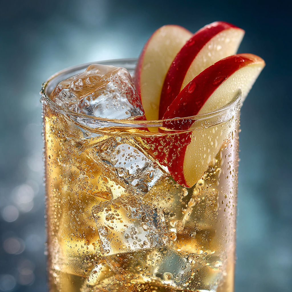 A glass of yellow liquid with a slice of apple and a slice of lemon.