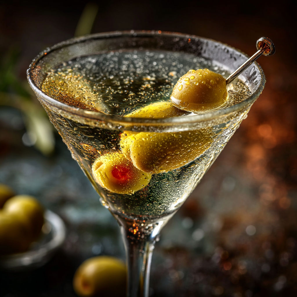 A dirty martini with olives.