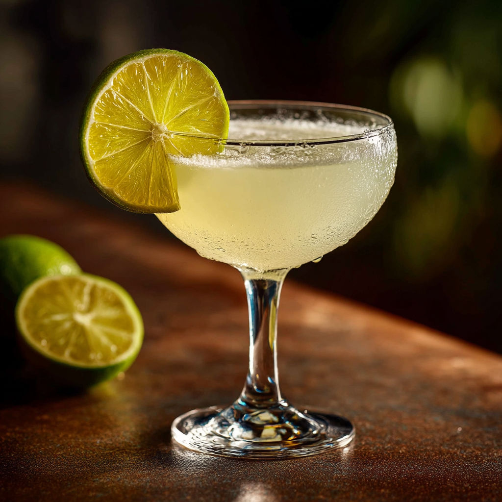 A glass of tequila with a slice of lime in it.