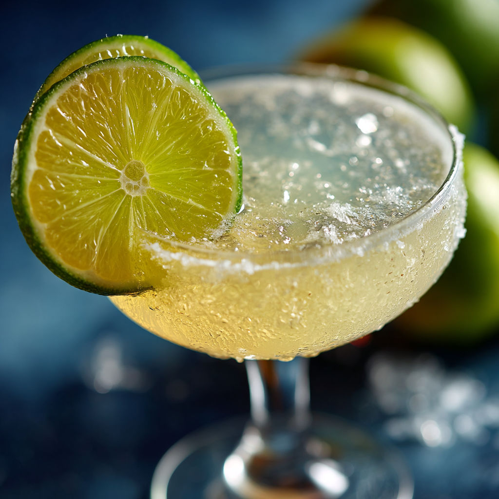 A glass of tequila with a lime wedge in it.