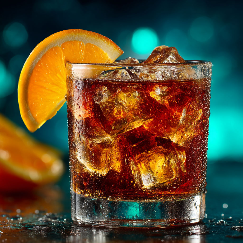 A glass of whisky and cola with an orange slice on the side.