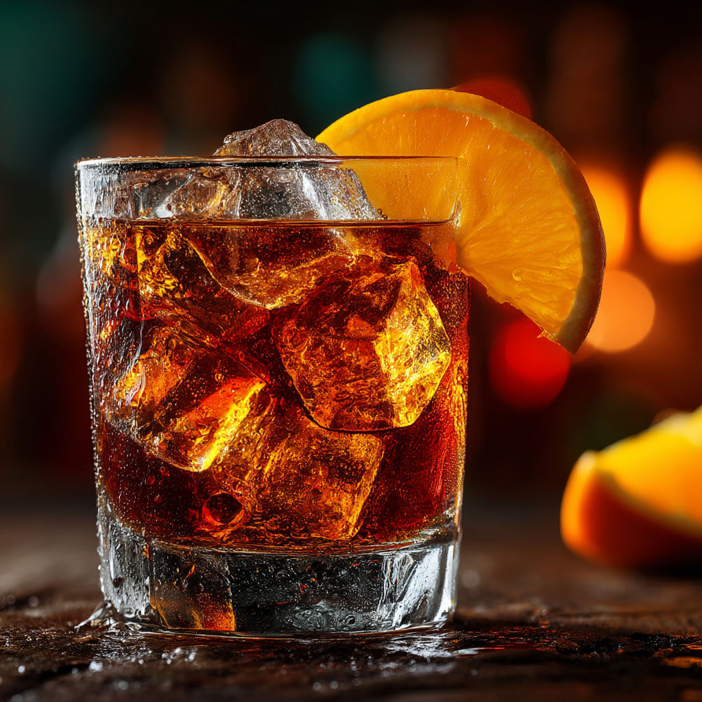 A glass of soda with a slice of orange on top.