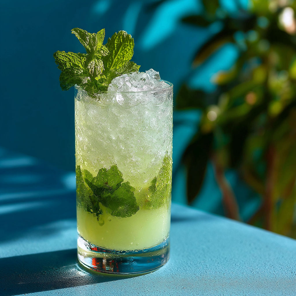 A glass of green mint tea with a sprig of mint on top.