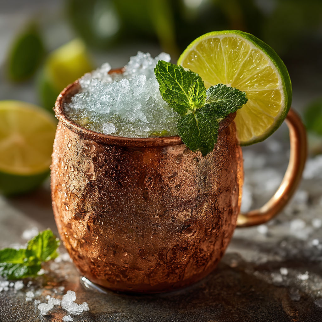 A copper mug filled with a drink and garnished with lime.