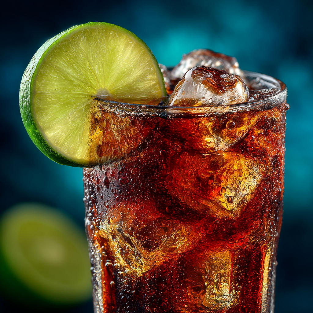 A glass of Cuba libre with a lime wedge on the side.