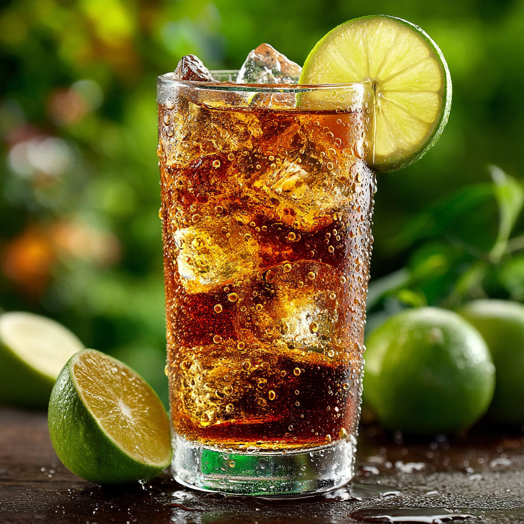 A glass of soda with ice and a lime wedge.