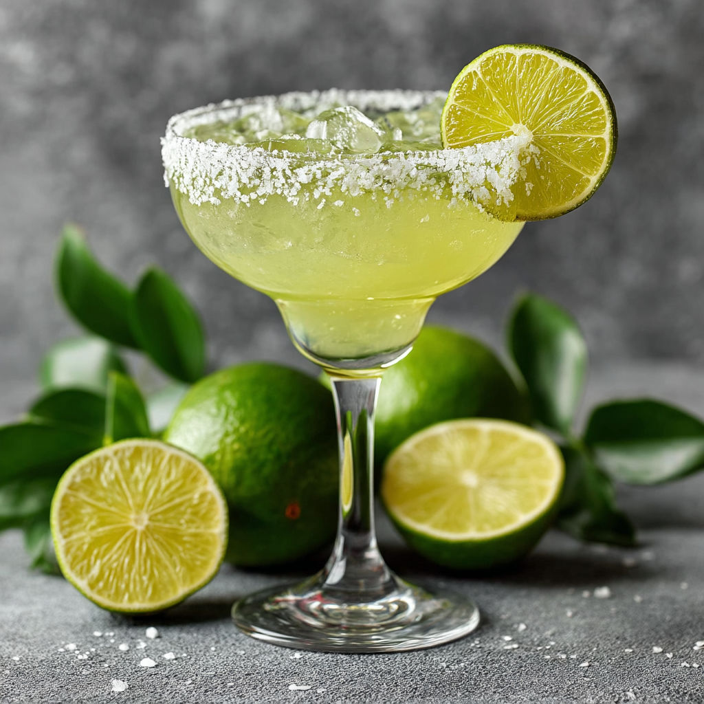 A margarita with lime and salt on the rim.