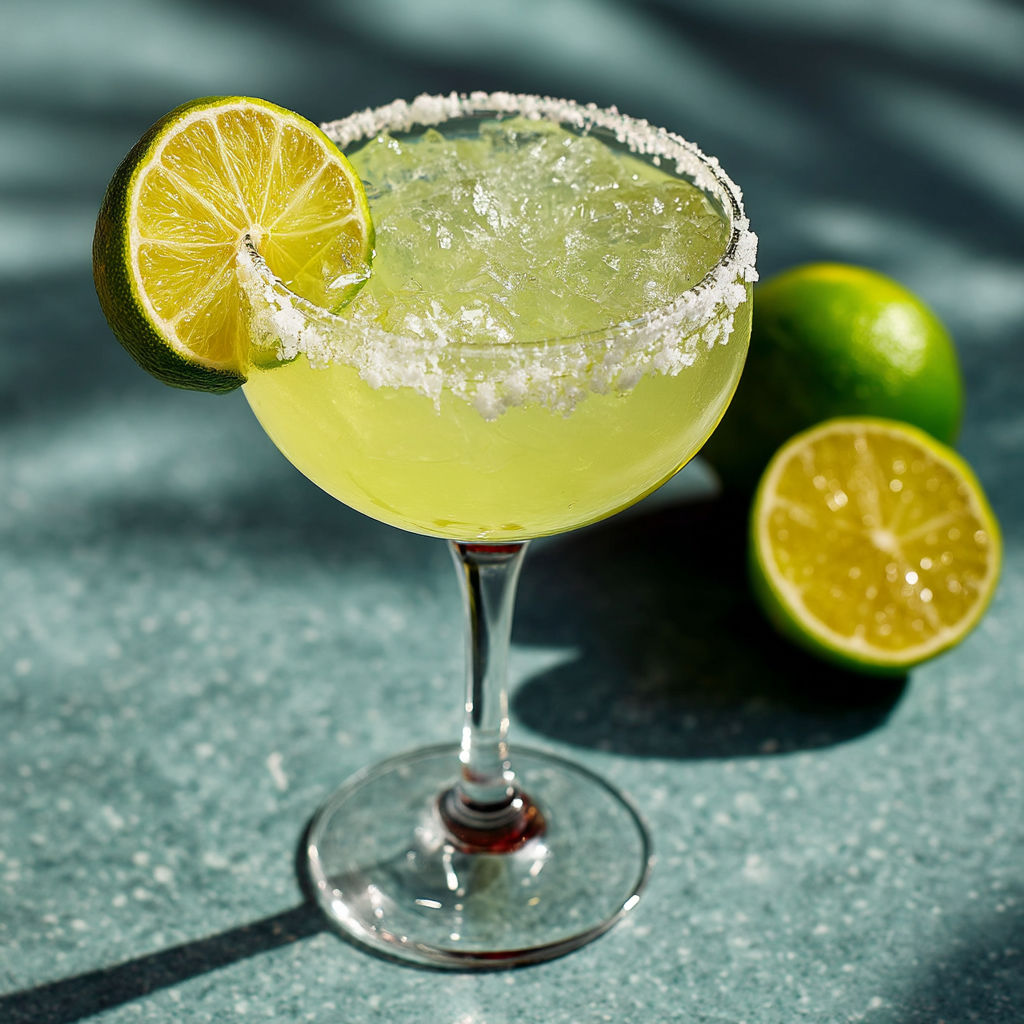 A glass of green drink with lime slices in it.