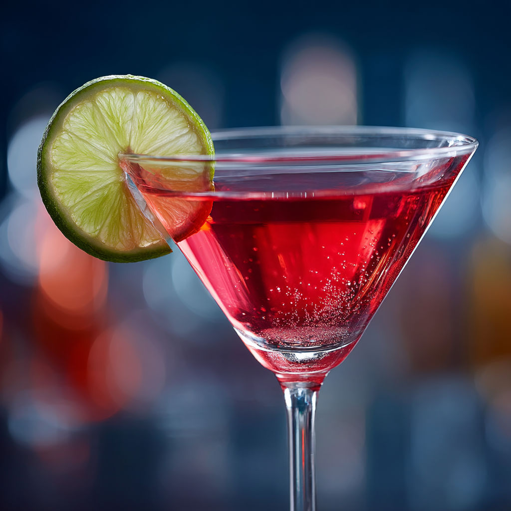 A glass of red liquid with a slice of lime on top.