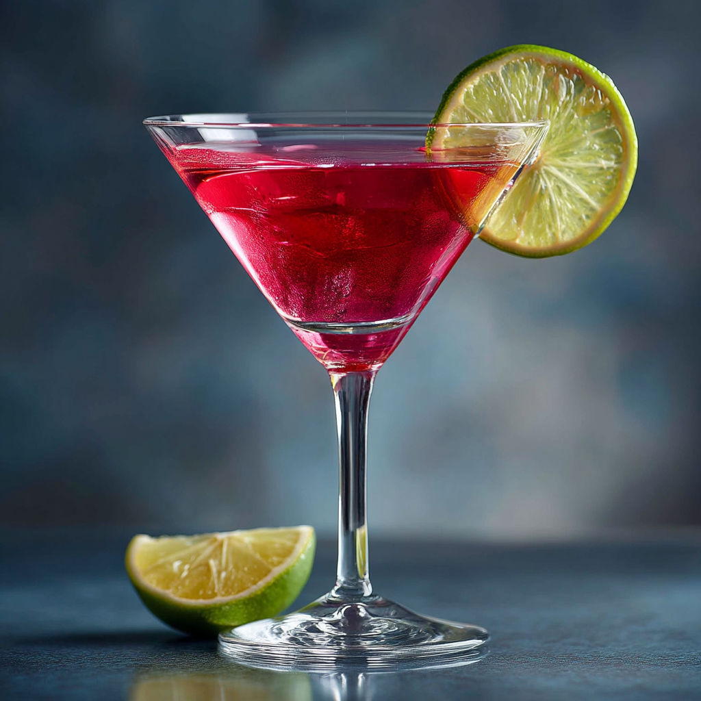 A glass of red drink with a slice of lime in it.