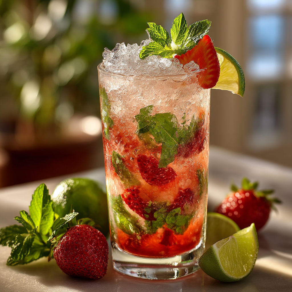 A glass of strawberry mint drink with a slice of lime and a strawberry on the side.