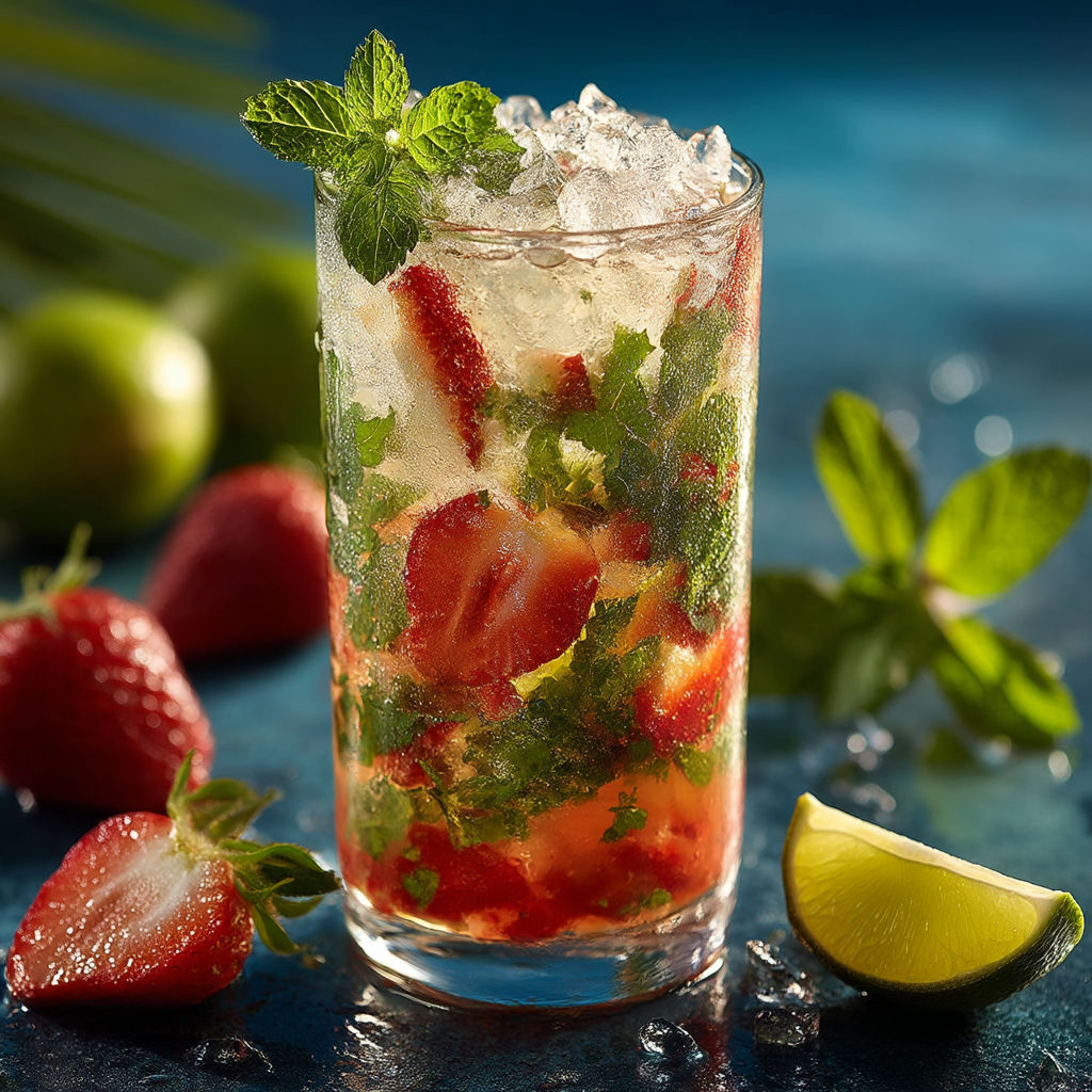 A glass of strawberry mint drink with a strawberry and lime on the side.