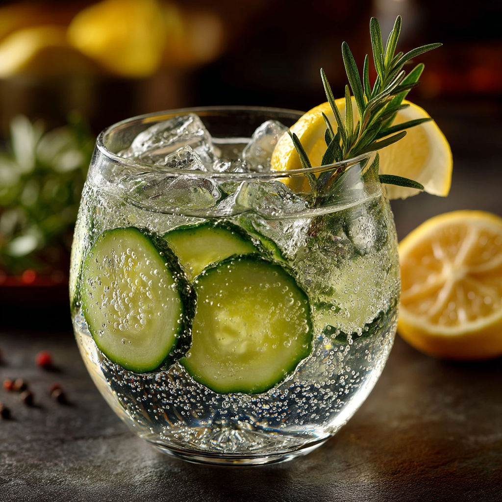 A glass of gin tonic with lemon and cucumber slices.