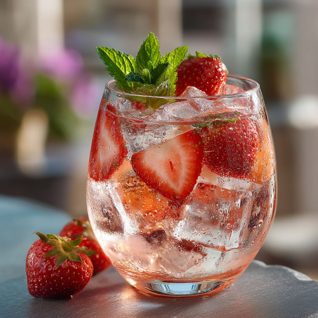 A glass of gin tonic with strawberries.