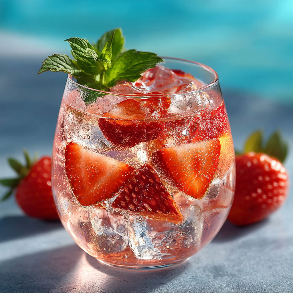 A glass of strawberry juice with a strawberry garnish.