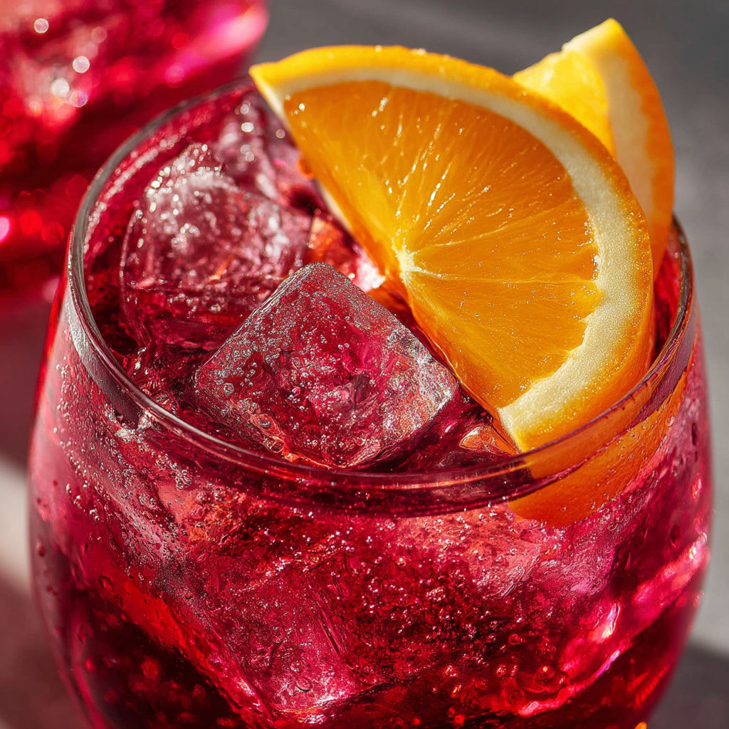 A glass of red wine with orange slices.