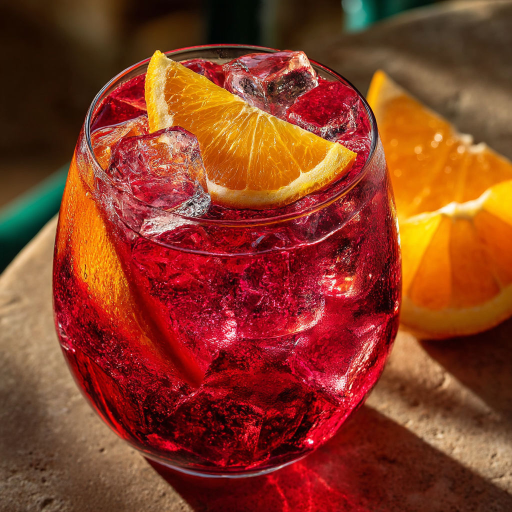 A glass of red wine with orange slices in it.