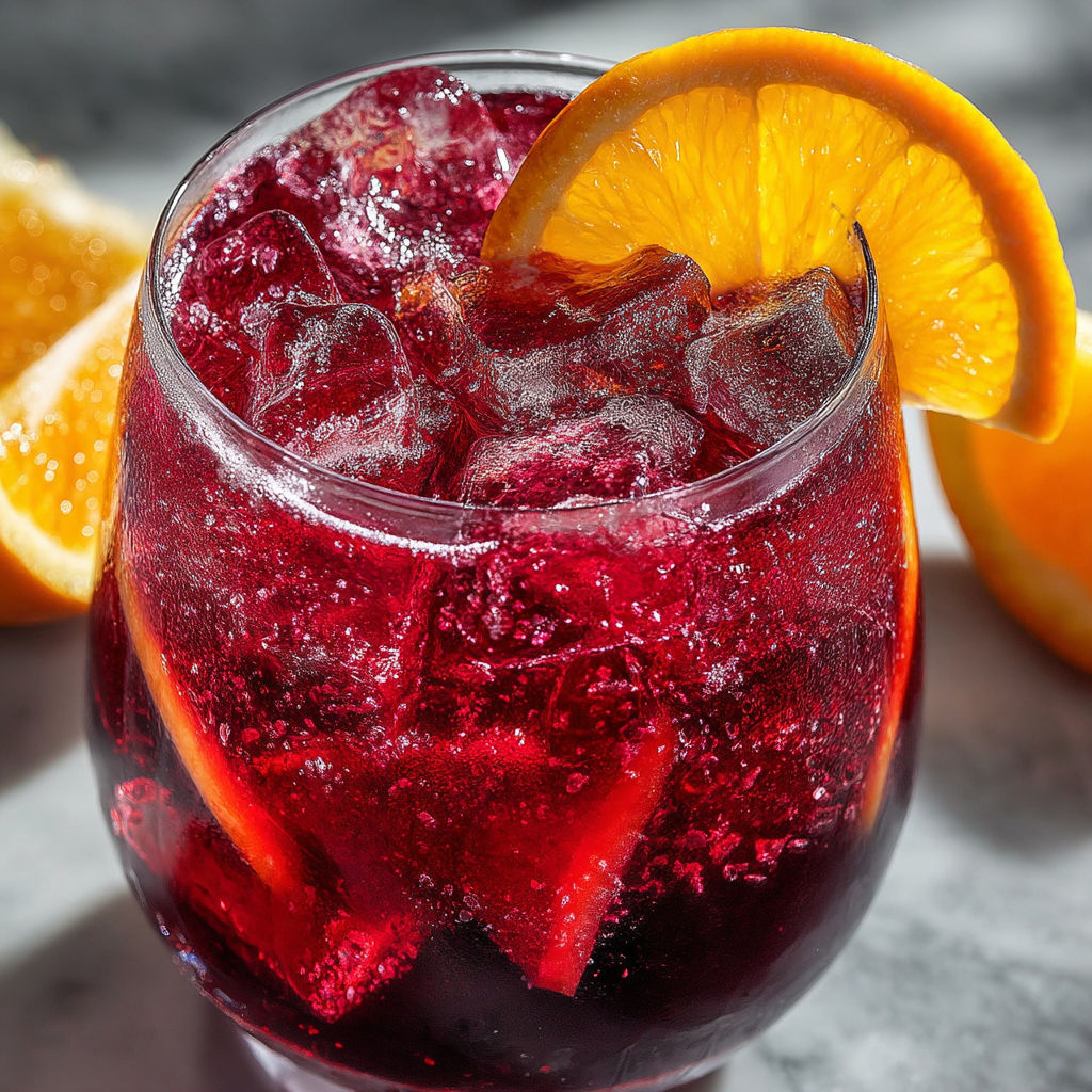 A glass of red wine with a slice of orange on top.