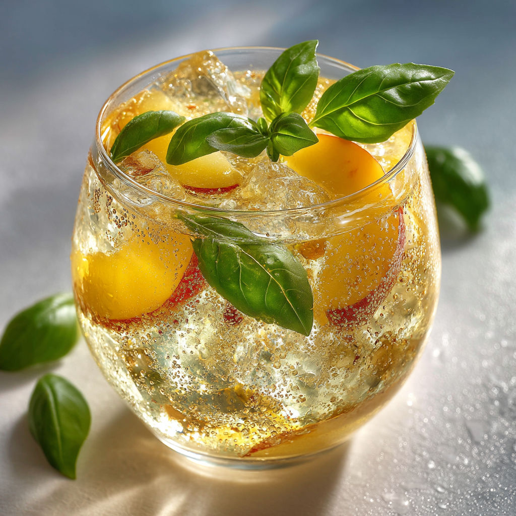 A glass of yellow liquid with green leaves in it.