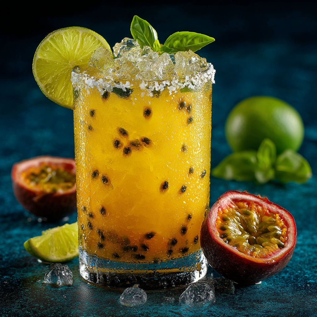 A glass of passion fruit paloma with a slice of lime.