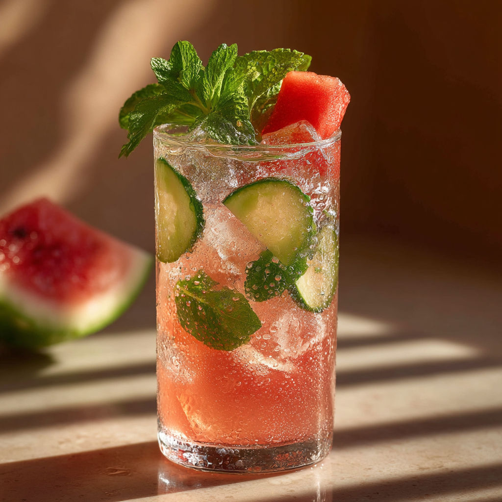 A glass of watermelon juice with cucumber slices.