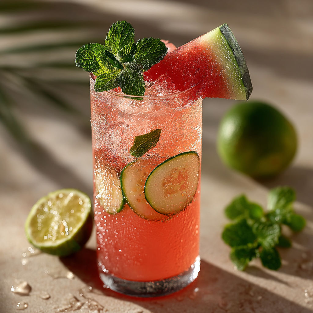 A glass of pink drink with a slice of watermelon and a slice of cucumber.