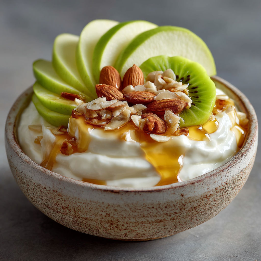 A bowl of fruit with nuts and honey.