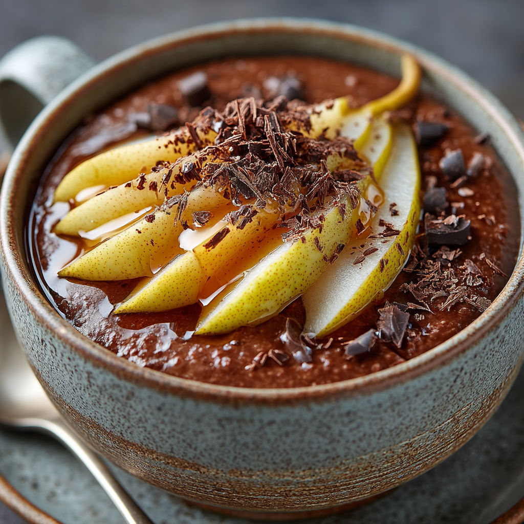 A bowl of chocolate porridge with a slice of apple on top.