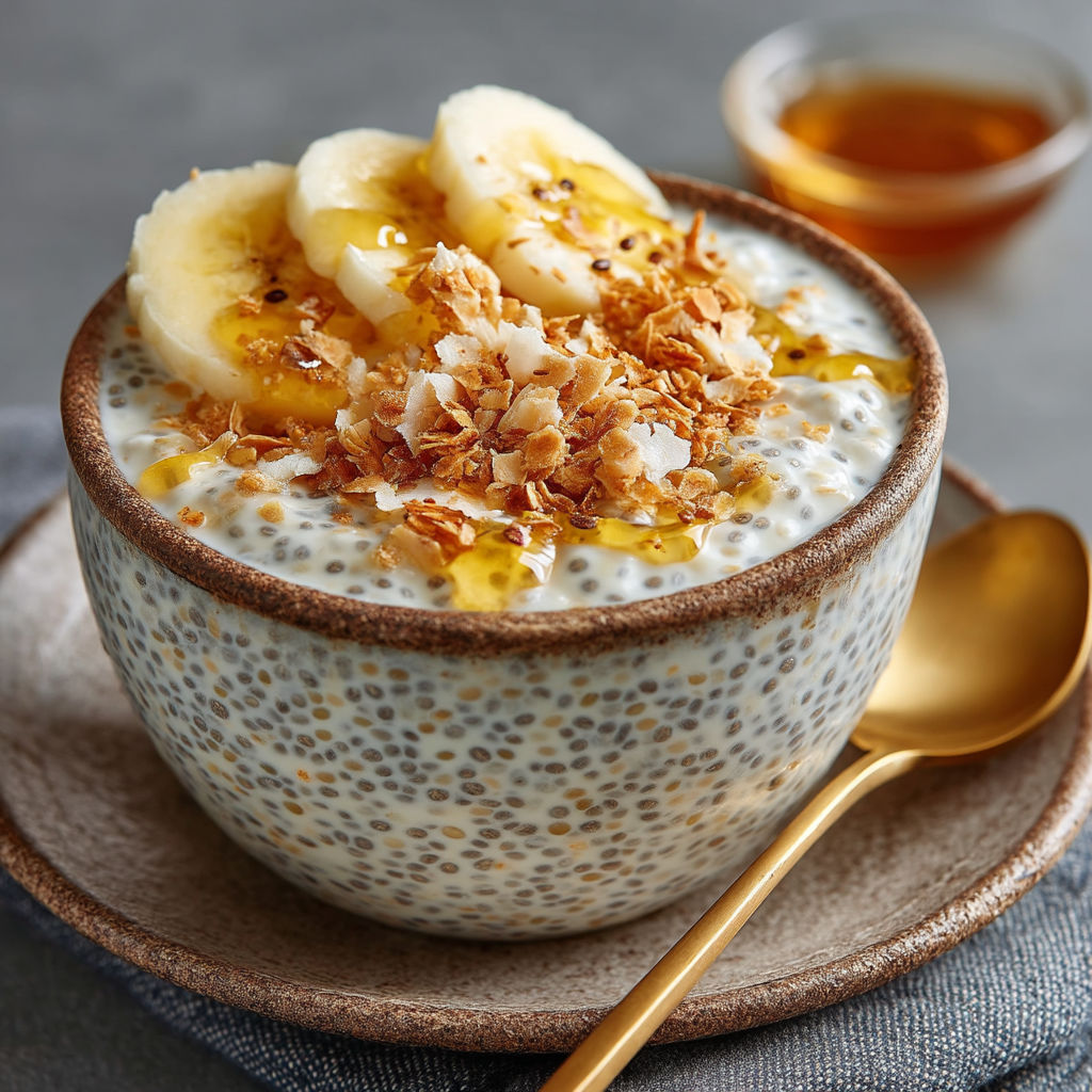 A bowl of chia pudding with bananas and coconut.