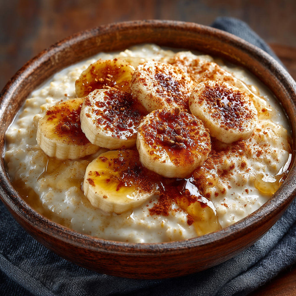A bowl of oatmeal with bananas on top.