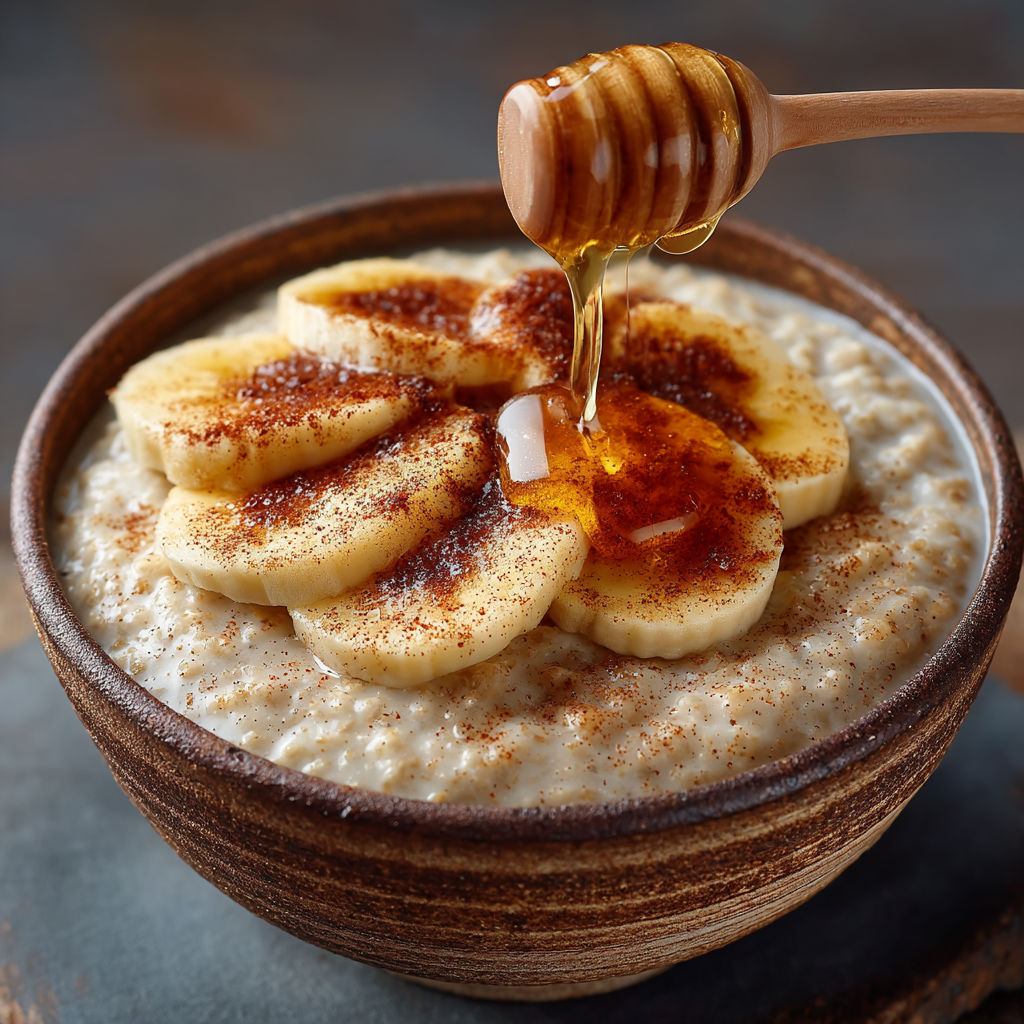 A bowl of oatmeal with honey drizzled on top.