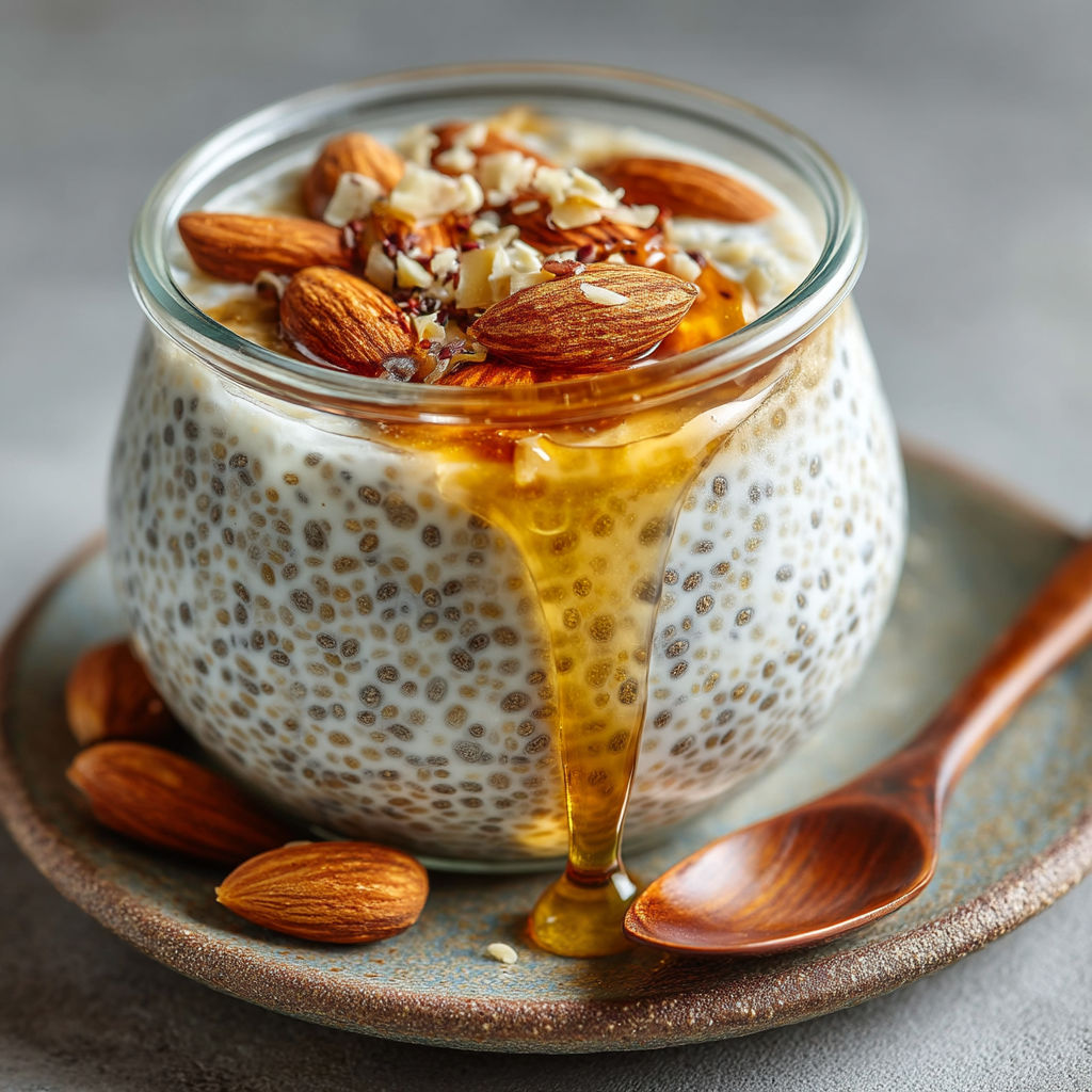 A bowl of chia pudding with almonds.