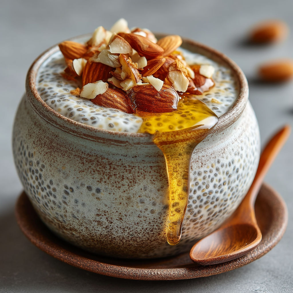 A bowl of yogurt with nuts and honey.