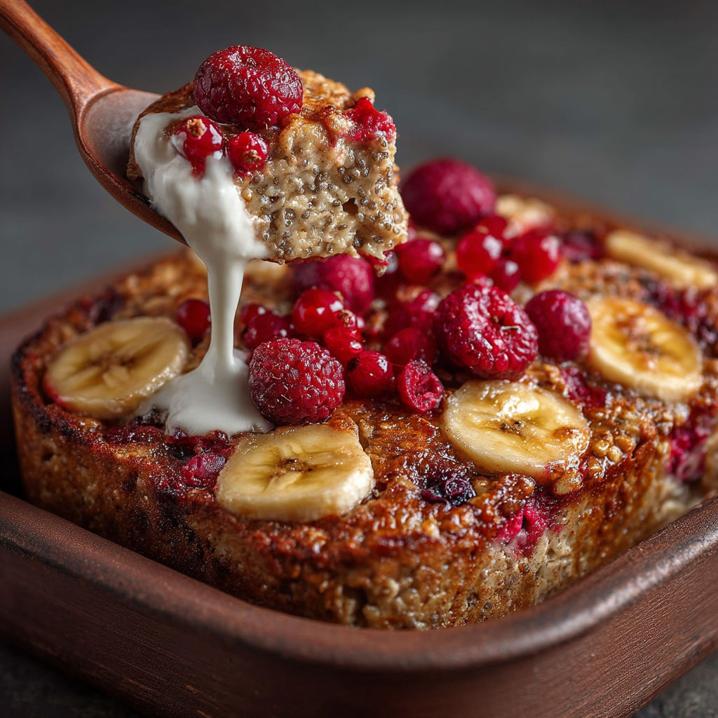 A close up of a dessert with bananas and berries.